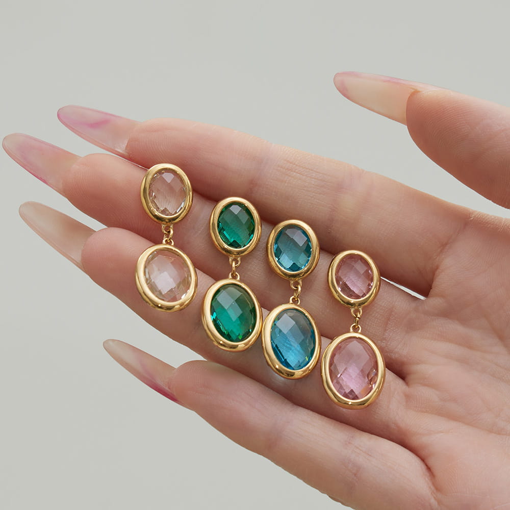 316L stainless steel oval glass stone drop earrings 18k pvd gold wholesale