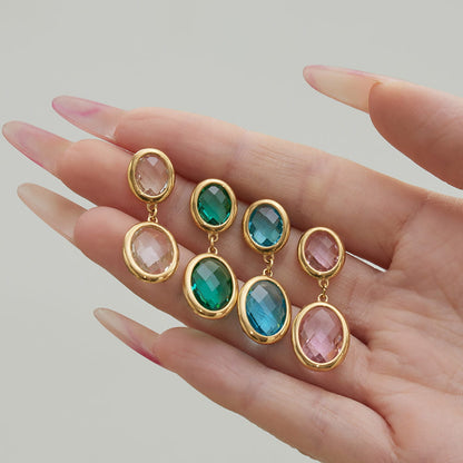 316L stainless steel oval glass stone drop earrings 18k pvd gold wholesale