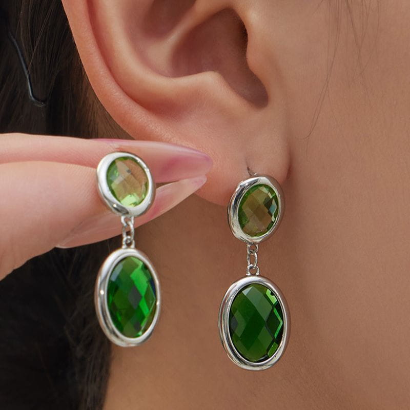 316L stainless steel oval glass stone drop earrings on ear green glass