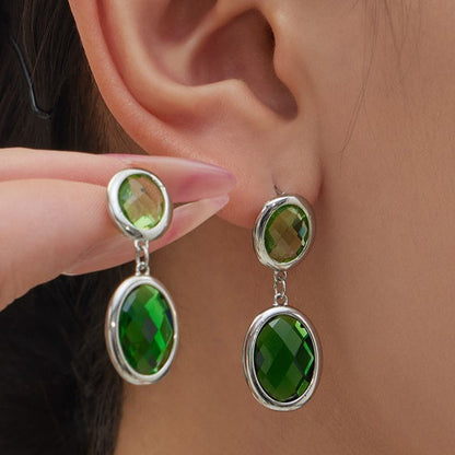 316L stainless steel oval glass stone drop earrings on ear green glass