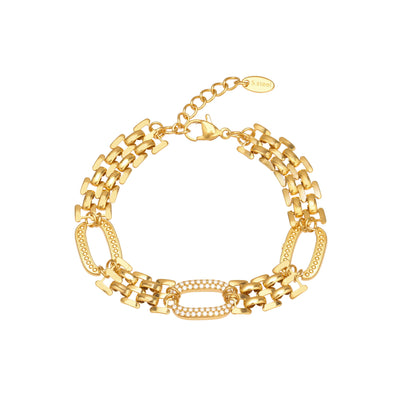 316L stainless steel oval link zircon chain bracelet front view with 18K PVD gold plating