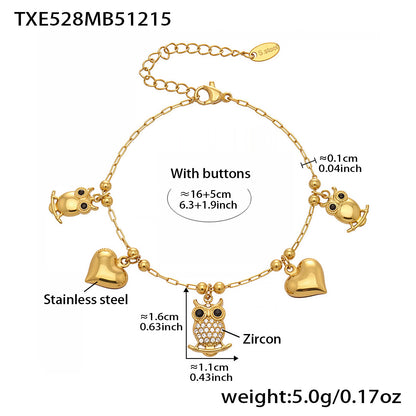 316L stainless steel owl charm bracelet with zircon stones and adjustable length