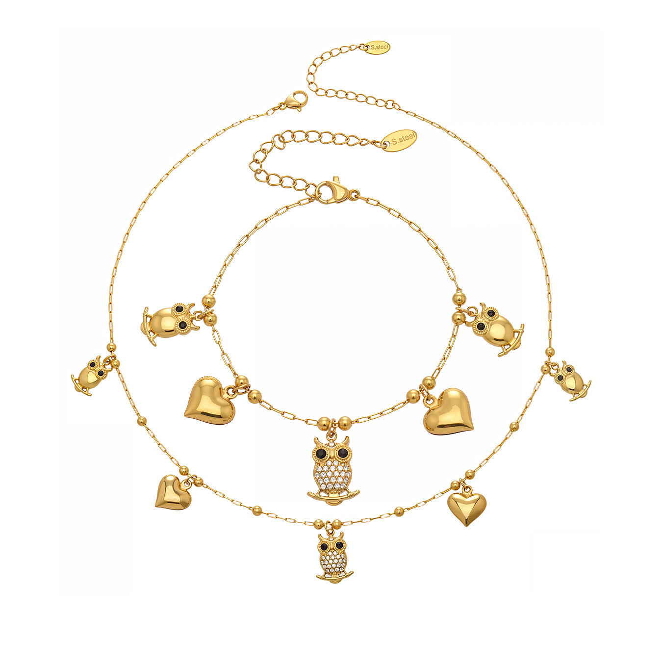 316L stainless steel owl and heart charm jewelry set with gold PVD finish