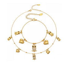316L stainless steel owl and heart charm jewelry set with gold PVD finish