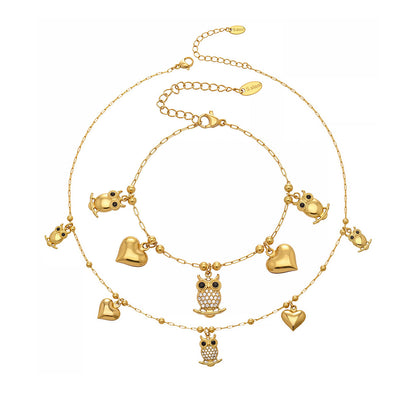 316L stainless steel owl and heart charm jewelry set with gold PVD finish