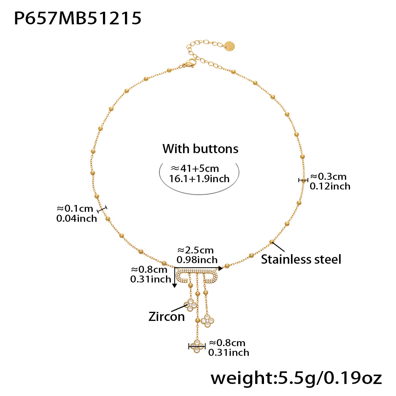 316L stainless steel owl and heart charm necklace with zircon details and size measurements
