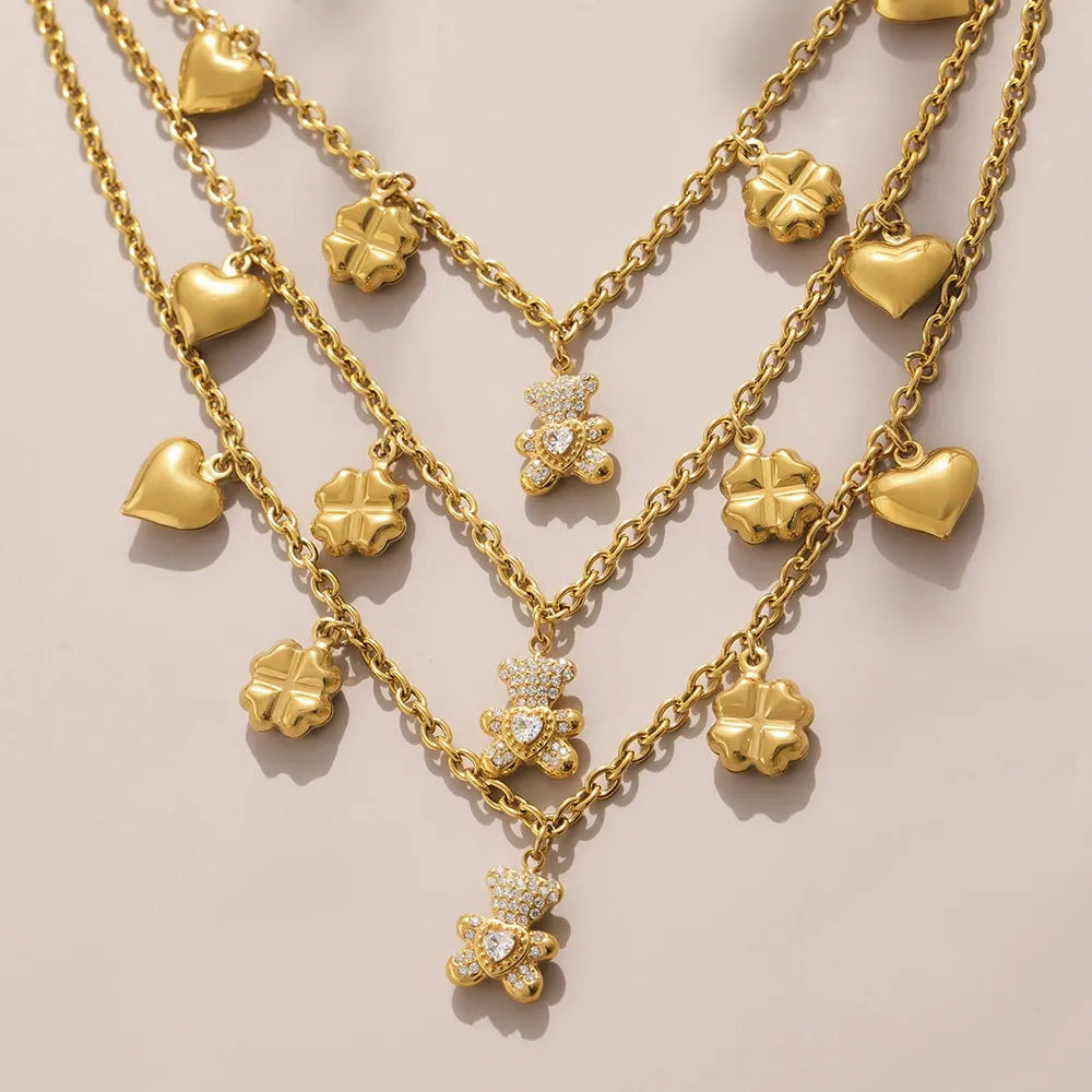 316L Stainless Steel Pave Bear Heart Clover Designer Necklace & Bracelet Set - Image 2