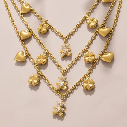 316L Stainless Steel Pave Bear Heart Clover Designer Necklace & Bracelet Set - Image 2