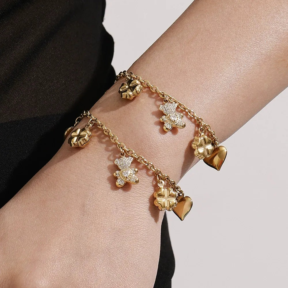 316L Stainless Steel Pave Bear Heart Clover Designer Necklace & Bracelet Set - Image 3