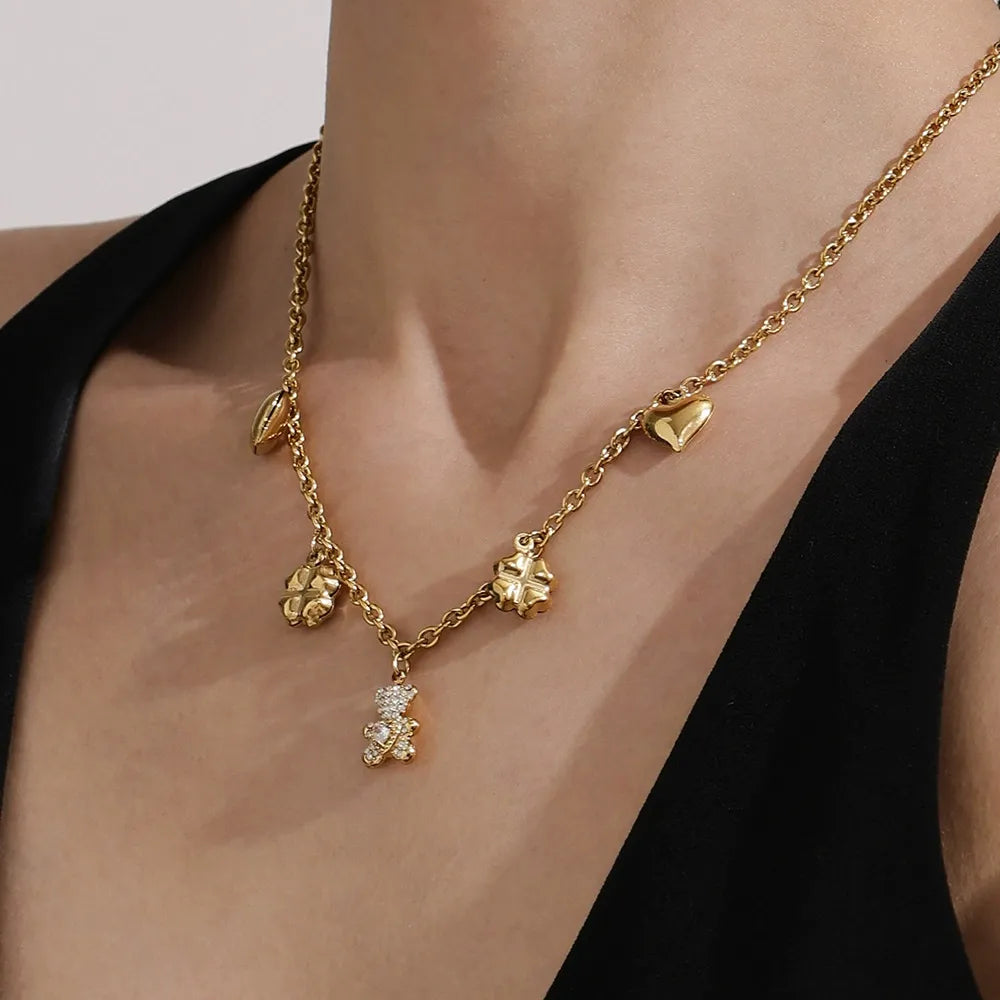 316L Stainless Steel Pave Bear Heart Clover Designer Necklace & Bracelet Set - Image 4