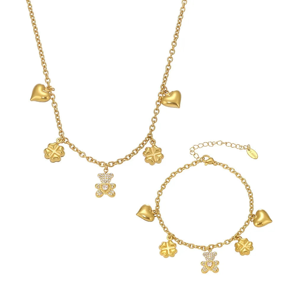 316L Stainless Steel Pave Bear Heart Clover Designer Necklace & Bracelet Set - Image 5