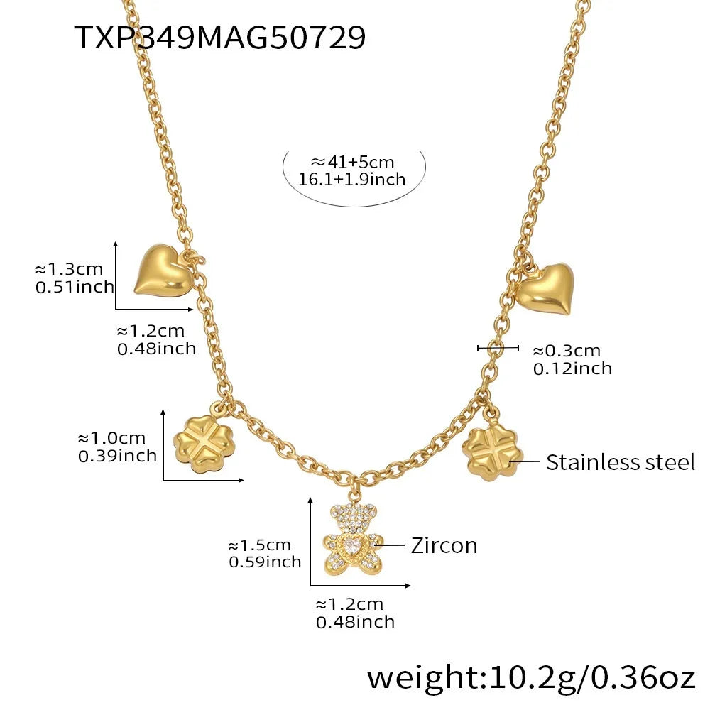 316L Stainless Steel Pave Bear Heart Clover Designer Necklace & Bracelet Set - Image 6