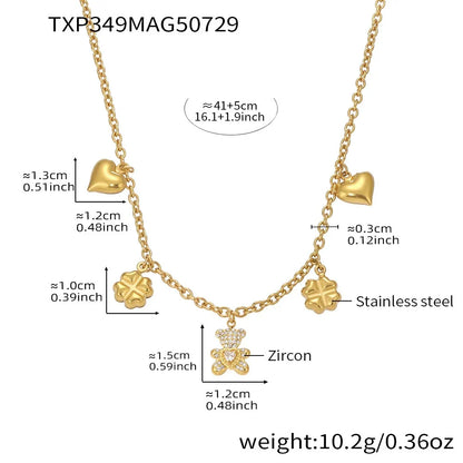 316L Stainless Steel Pave Bear Heart Clover Designer Necklace & Bracelet Set - Image 6