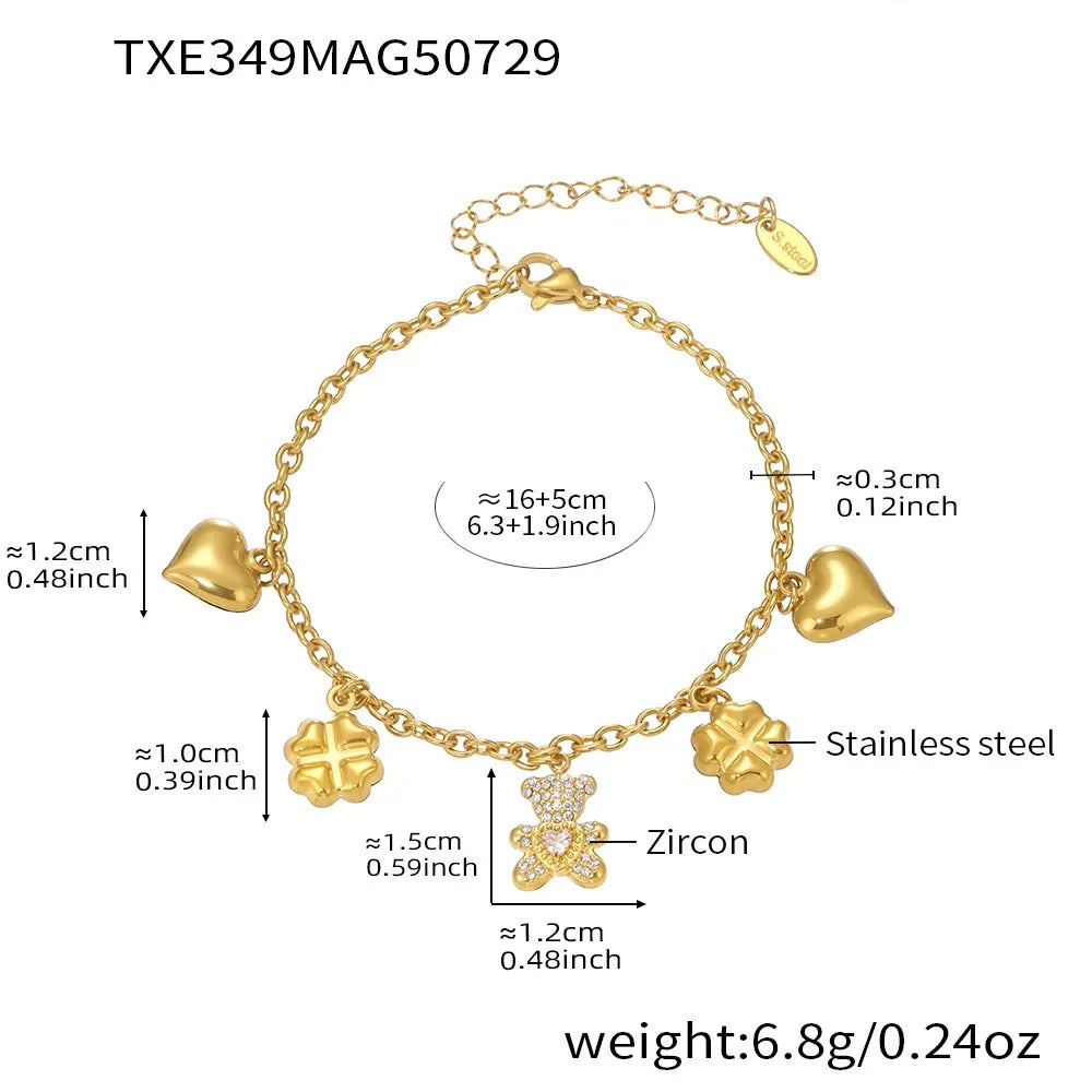 316L Stainless Steel Pave Bear Heart Clover Designer Necklace & Bracelet Set - Image 7