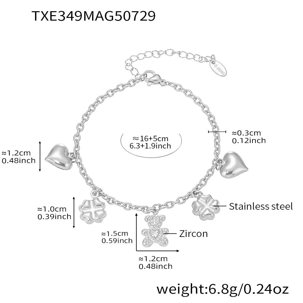 316L Stainless Steel Pave Bear Heart Clover Designer Necklace & Bracelet Set - Image 9
