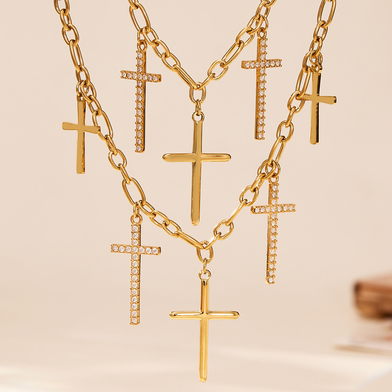 316L Stainless Steel Pave Cross Layering Necklace - Image 2