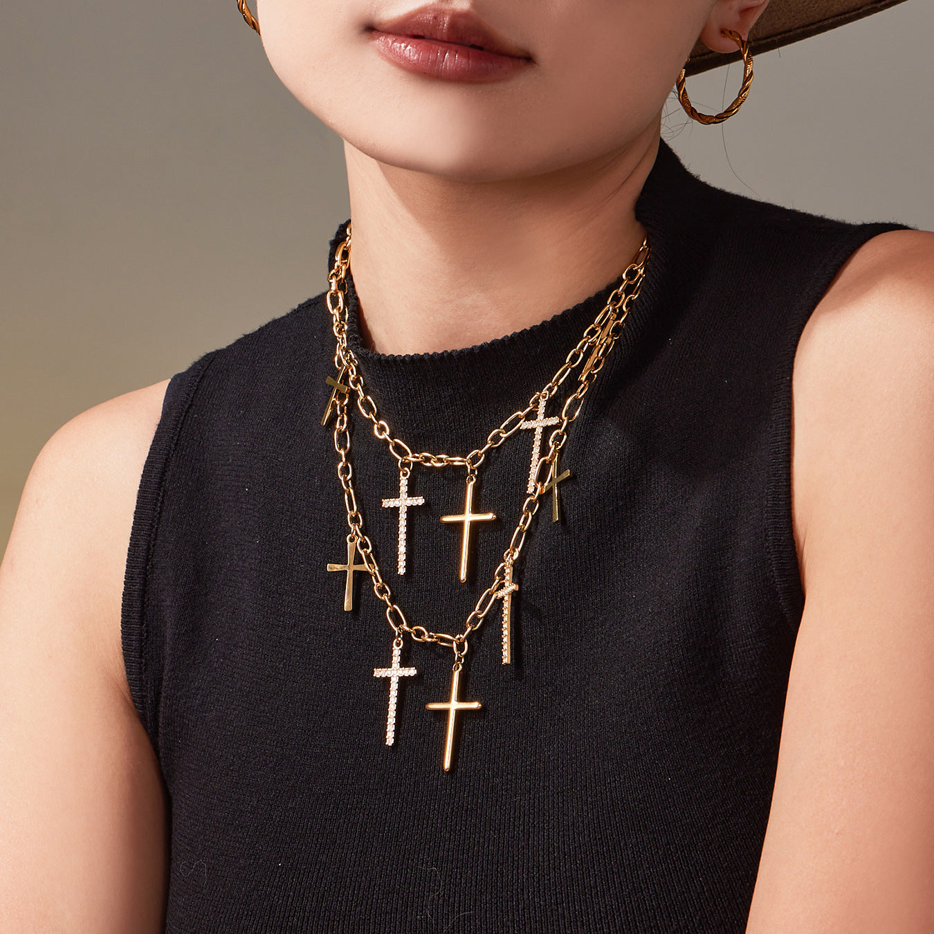 316L Stainless Steel Pave Cross Layering Necklace - Image 3