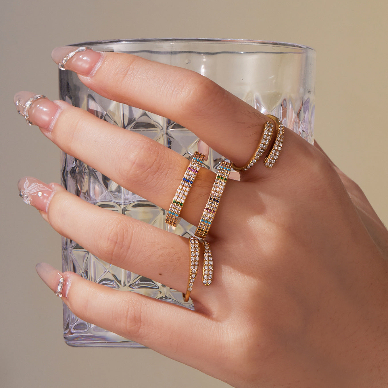 316L Stainless Steel 18K Gold Plated Sparkling Pave Zircon Adjustable Rings