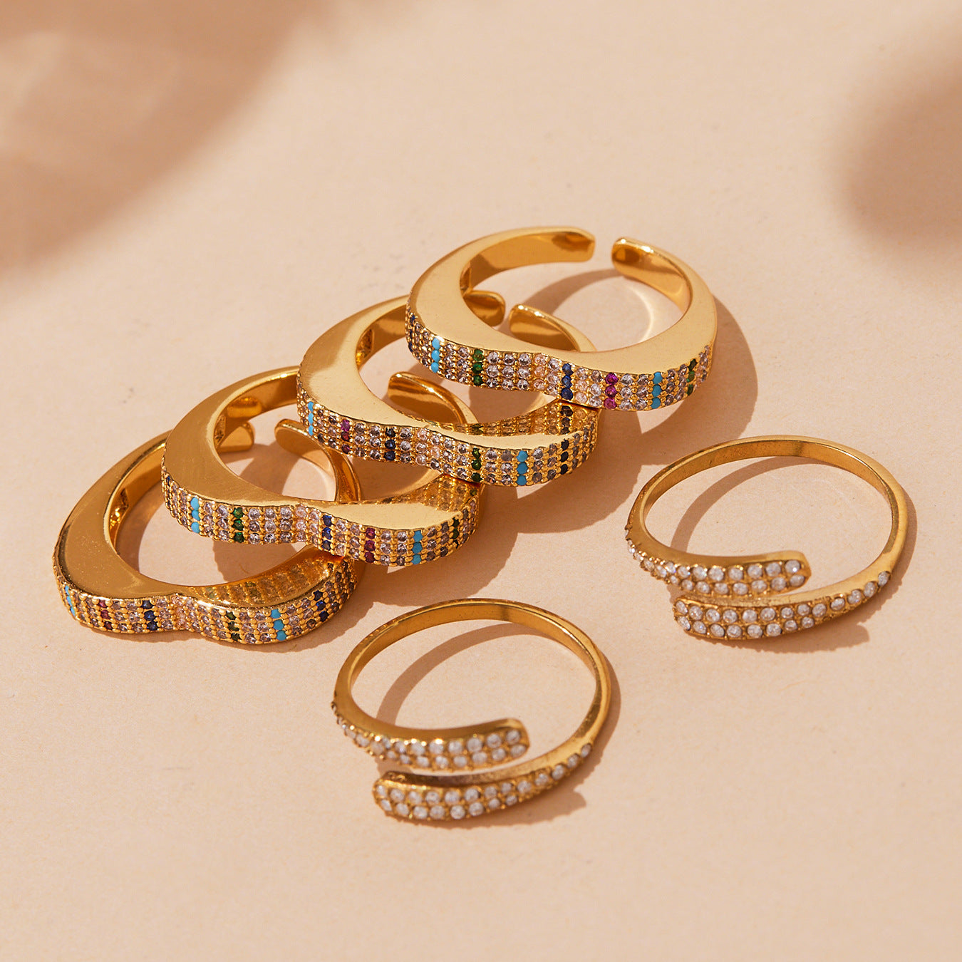 316L Stainless Steel 18K Gold Plated Sparkling Pave Zircon Adjustable Rings