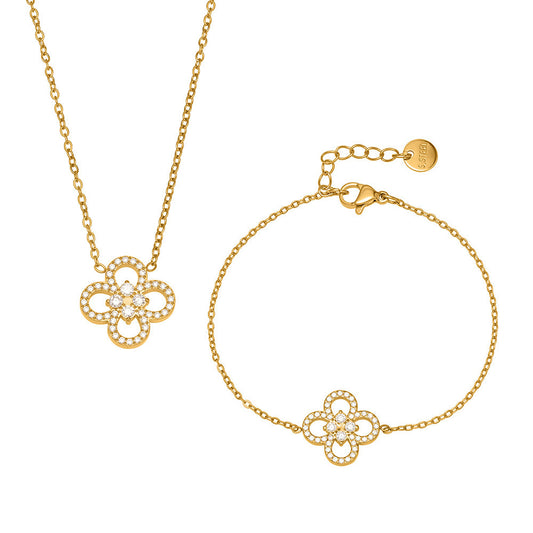 316L Stainless Steel Pave Zircon Four-Leaf Clover Charm Necklace & Bracelet - Image 1