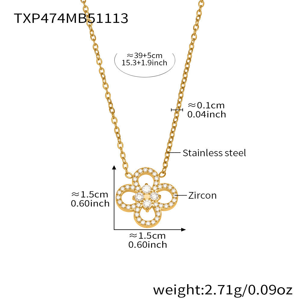 316L Stainless Steel Pave Zircon Four-Leaf Clover Charm Necklace & Bracelet - Image 2