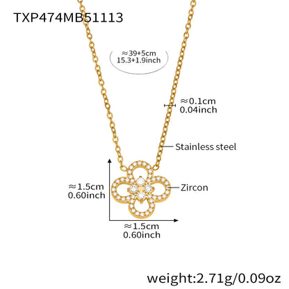 316L Stainless Steel Pave Zircon Four-Leaf Clover Charm Necklace & Bracelet - Image 2