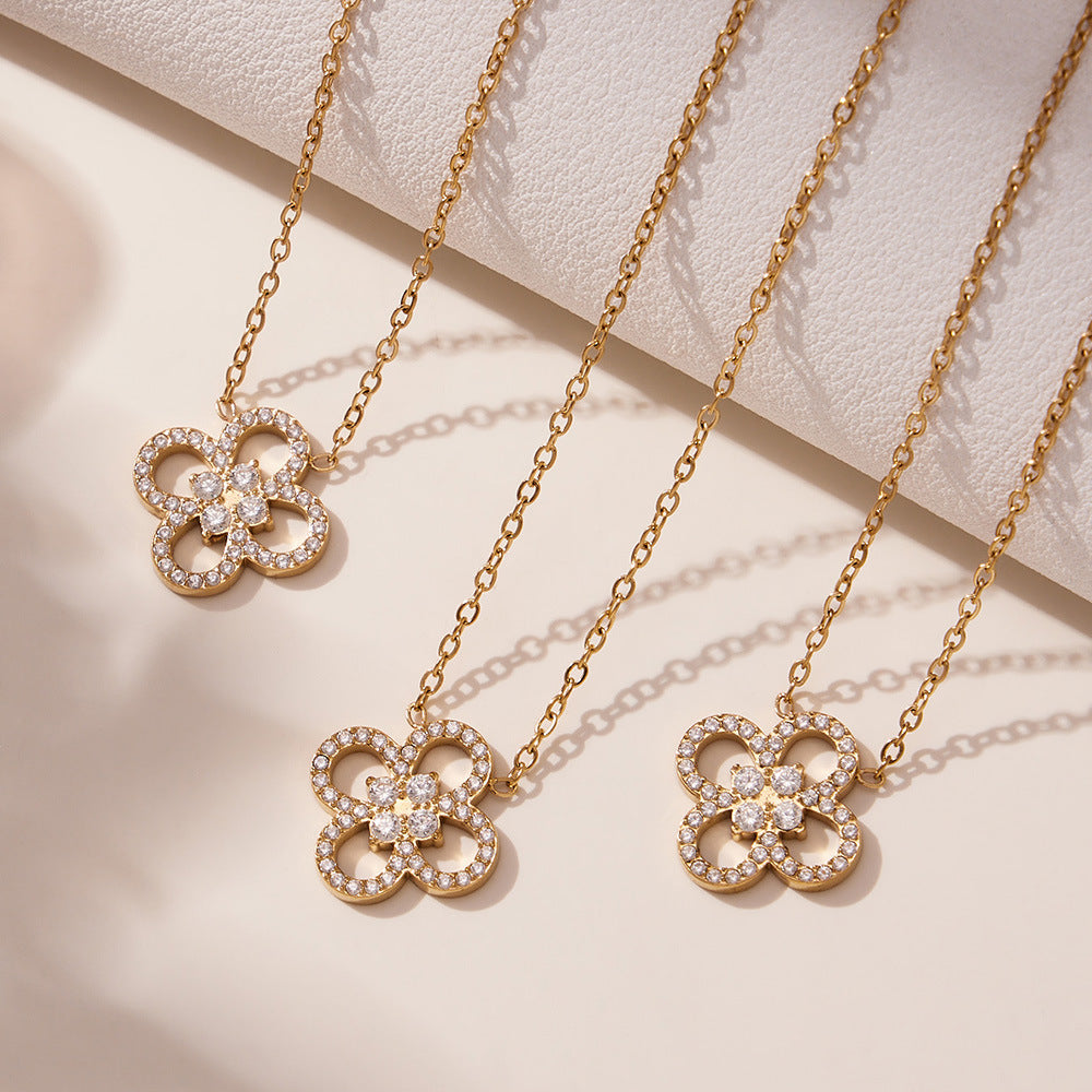 316L Stainless Steel Pave Zircon Four-Leaf Clover Charm Necklace & Bracelet - Image 4