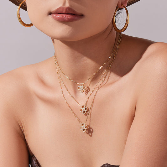 316L Stainless Steel Pave Zircon Four-Leaf Clover Charm Necklace & Bracelet - Image 5