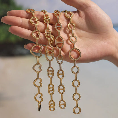 316L Stainless Steel Pave Zircon Heart & Circle Link Bracelet - Image 2