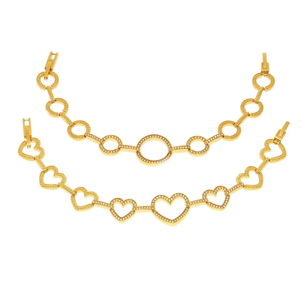 316L Stainless Steel Pave Zircon Heart & Circle Link Bracelet - Image 5