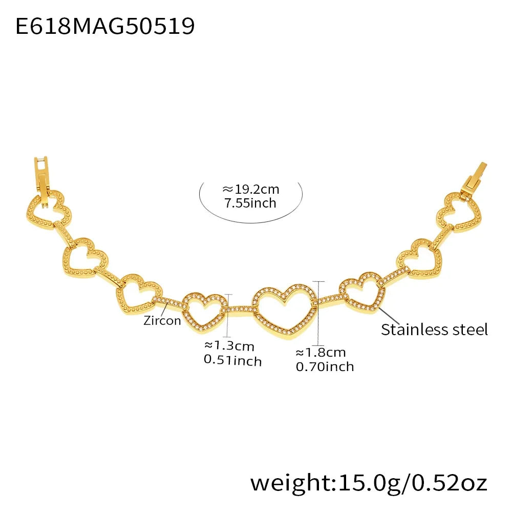 316L Stainless Steel Pave Zircon Heart & Circle Link Bracelet - Image 6