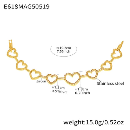 316L Stainless Steel Pave Zircon Heart & Circle Link Bracelet - Image 6
