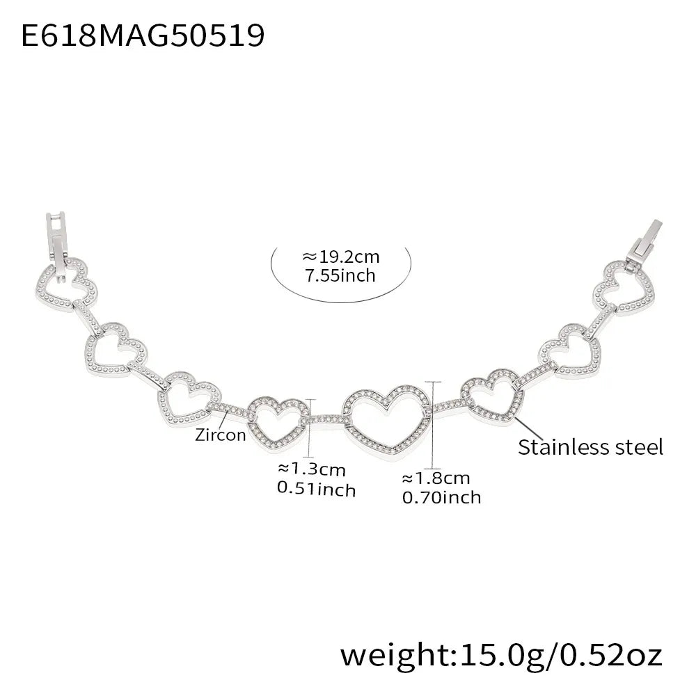 316L Stainless Steel Pave Zircon Heart & Circle Link Bracelet - Image 7