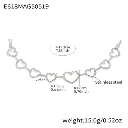 316L Stainless Steel Pave Zircon Heart & Circle Link Bracelet - Image 7