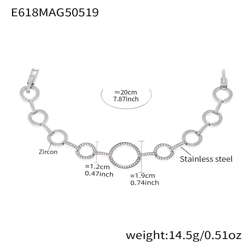 316L Stainless Steel Pave Zircon Heart & Circle Link Bracelet - Image 9