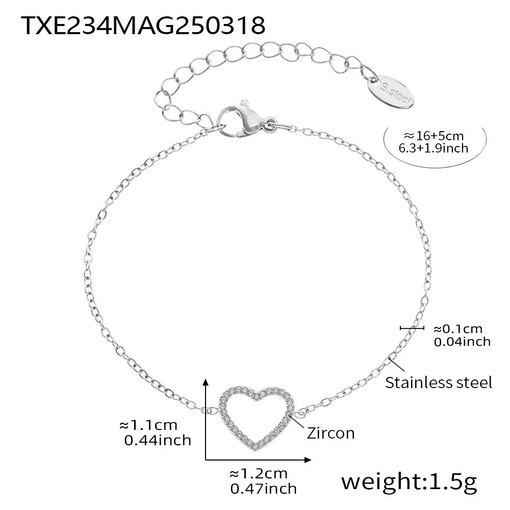316L Stainless Steel Pave Zircon Heart Double-Layer Necklace & Bracelet Set - Image 1