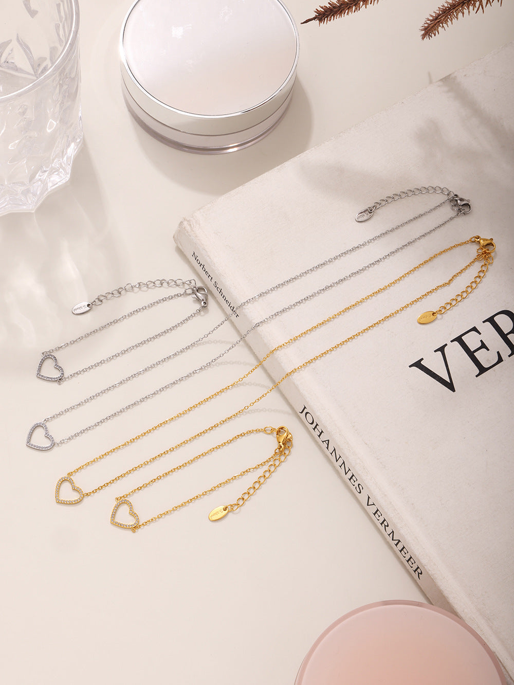 316L Stainless Steel Pave Zircon Heart Double-Layer Necklace & Bracelet Set - Image 11