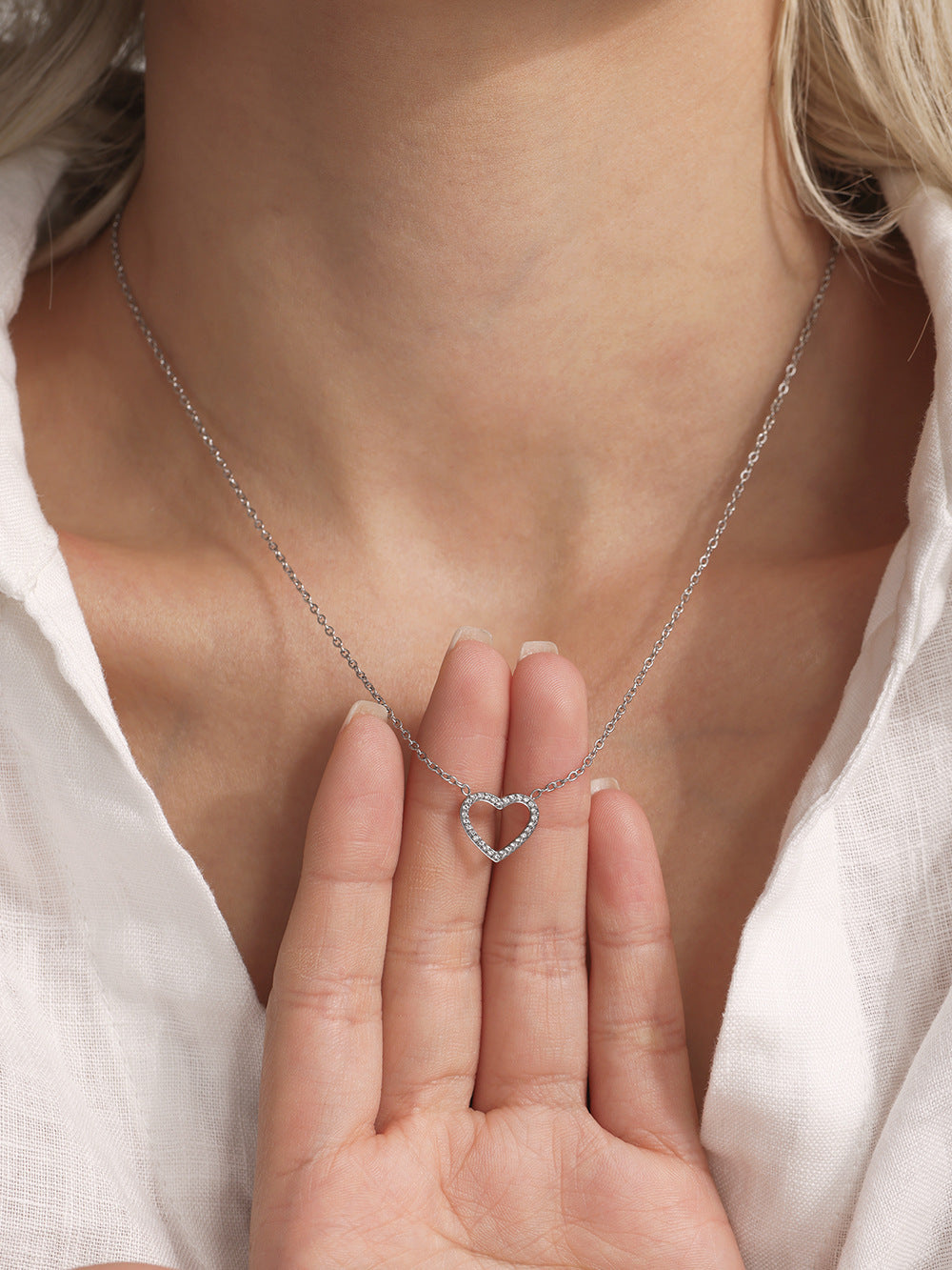 316L Stainless Steel Pave Zircon Heart Double-Layer Necklace & Bracelet Set - Image 12