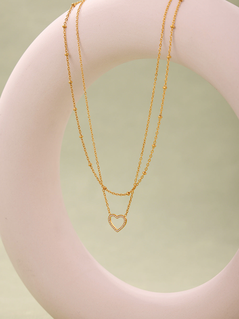 316L Stainless Steel Pave Zircon Heart Double-Layer Necklace & Bracelet Set - Image 14