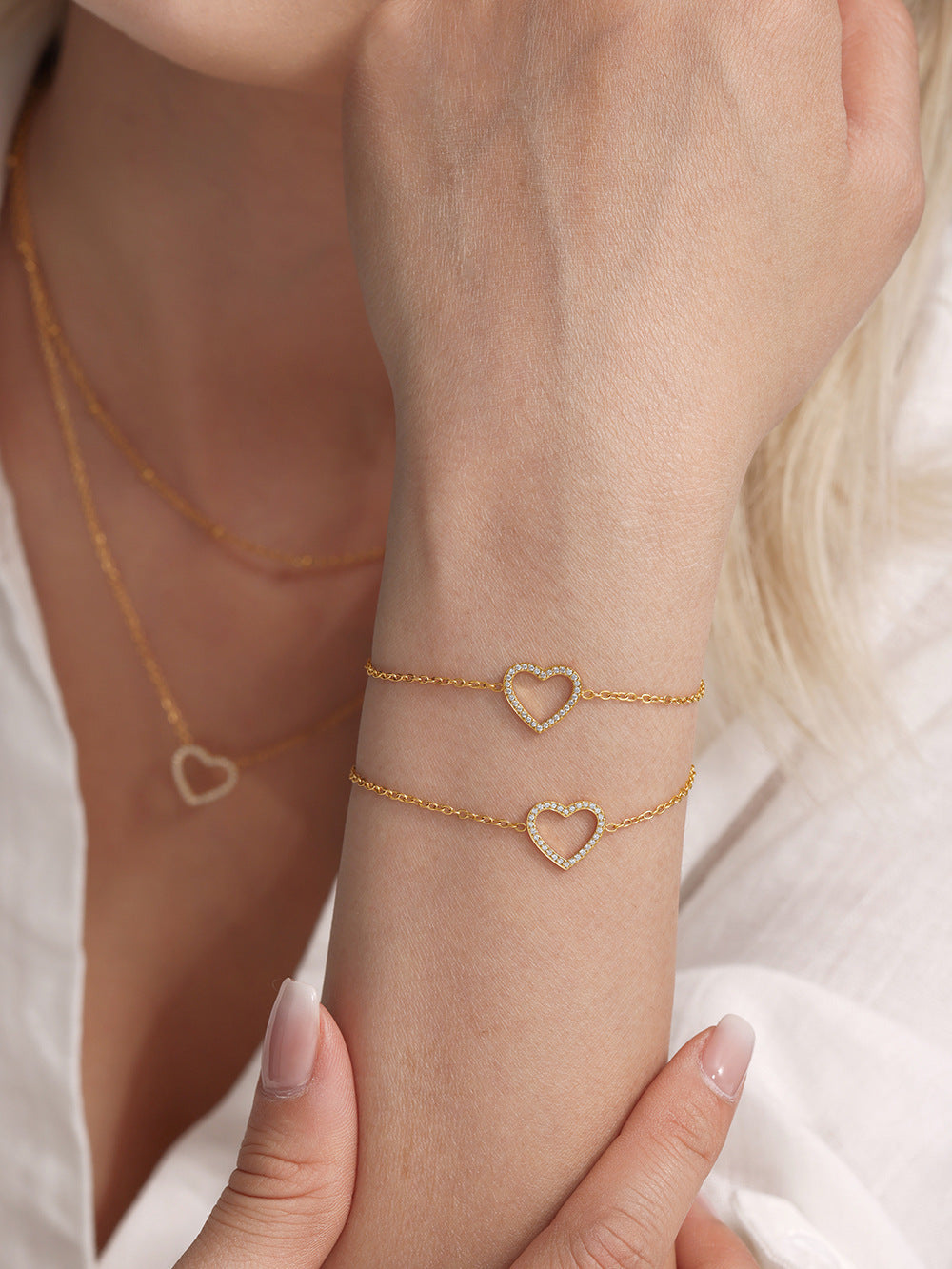 316L Stainless Steel Pave Zircon Heart Double-Layer Necklace & Bracelet Set - Image 15