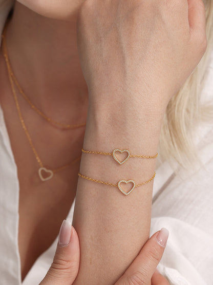 316L Stainless Steel Pave Zircon Heart Double-Layer Necklace & Bracelet Set - Image 15