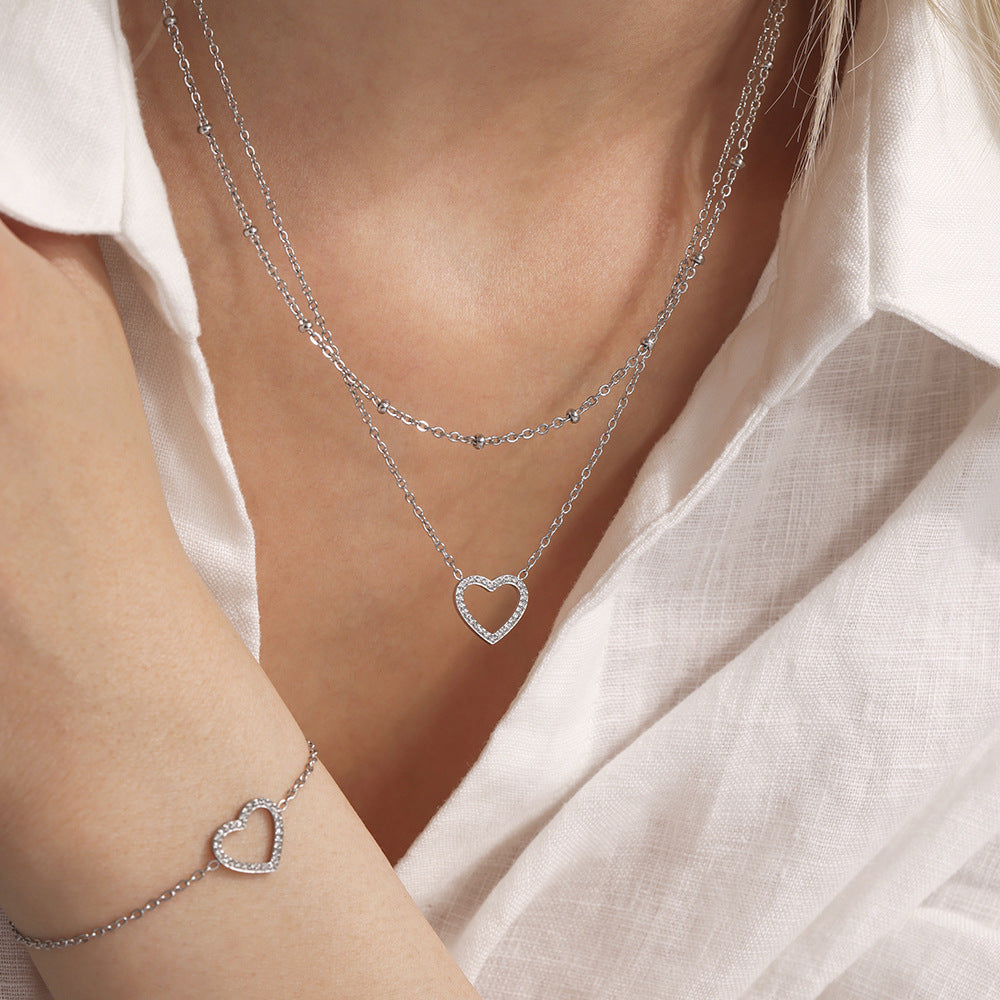 316L Stainless Steel Pave Zircon Heart Double-Layer Necklace & Bracelet Set - Image 19