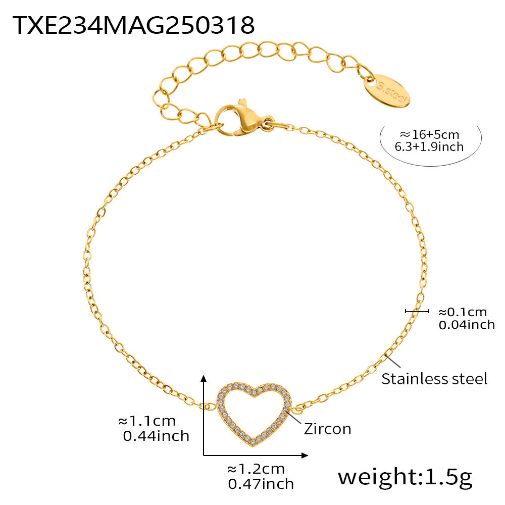 316L Stainless Steel Pave Zircon Heart Double-Layer Necklace & Bracelet Set - Image 2