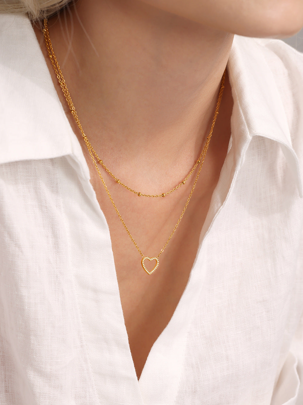 316L Stainless Steel Pave Zircon Heart Double-Layer Necklace & Bracelet Set - Image 3