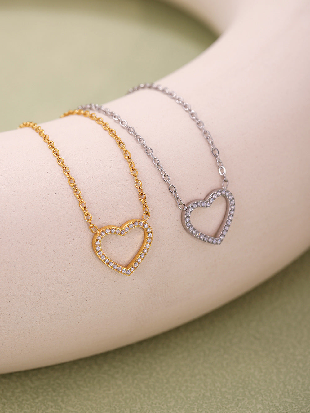 316L Stainless Steel Pave Zircon Heart Double-Layer Necklace & Bracelet Set - Image 4