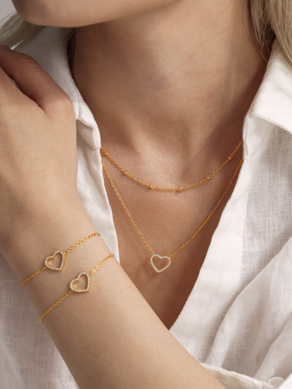 316L Stainless Steel Pave Zircon Heart Double-Layer Necklace & Bracelet Set - Image 6