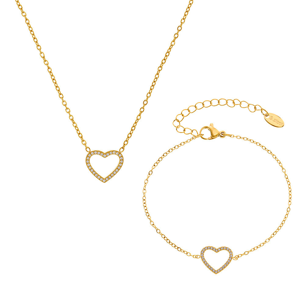 316L Stainless Steel Pave Zircon Heart Double-Layer Necklace & Bracelet Set - Image 7