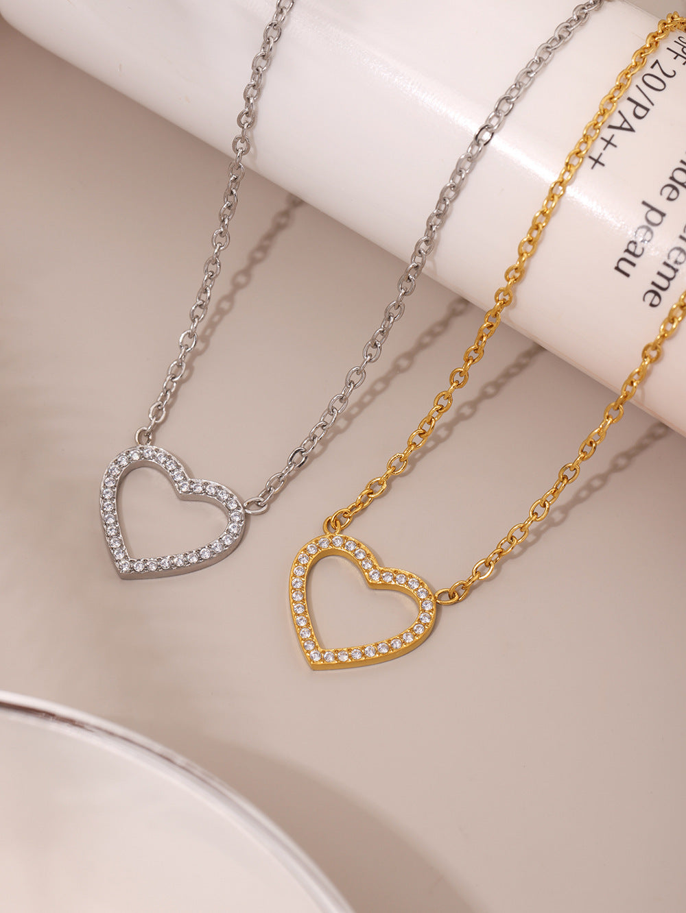 316L Stainless Steel Pave Zircon Heart Double-Layer Necklace & Bracelet Set - Image 8