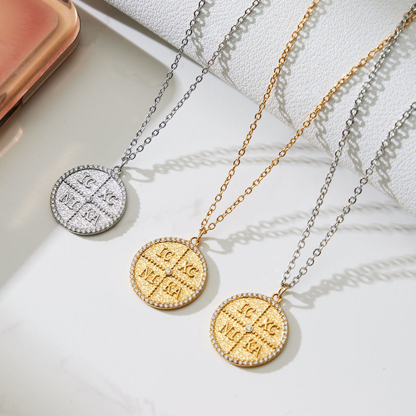 316L Stainless Steel Pave Zircon Initial Disc Pendant Necklace - Image 1