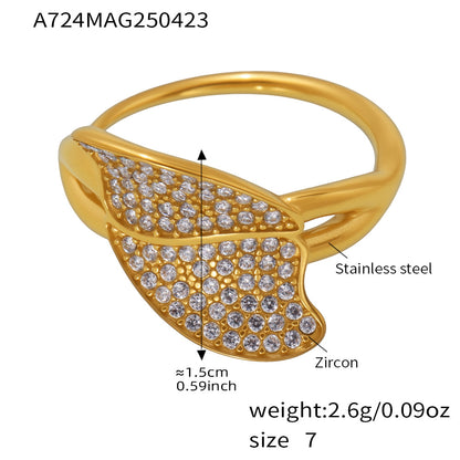 316L stainless steel pave zircon leaf statement ring gold, PVD gold waterproof cubic zirconia statement ring wholesale